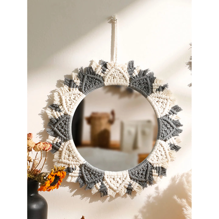 Boho Macrame Decorative Mirror - Black and Gray Round Wall Decor