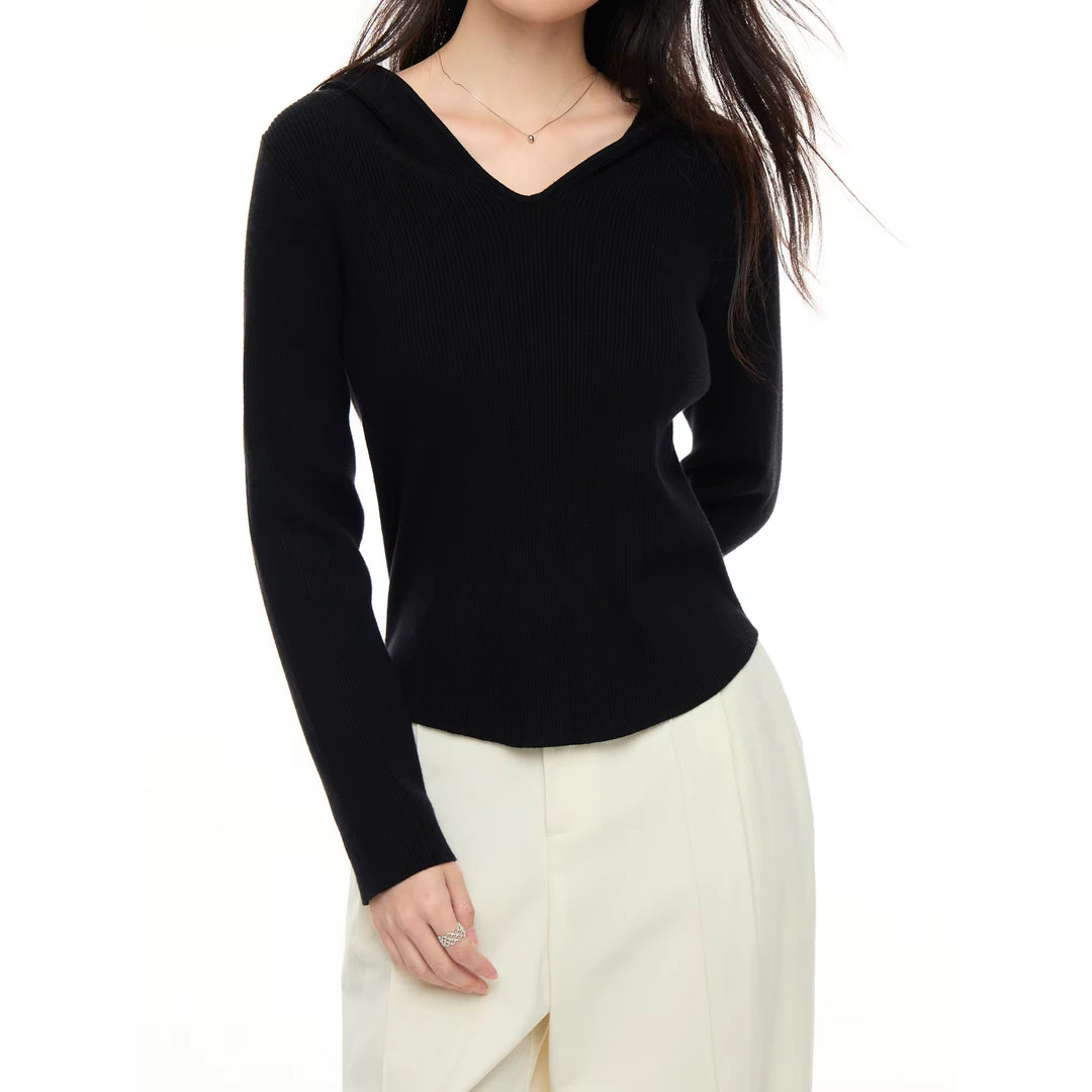 Simple Commuting Casual V-neck Hooded Sweater for Women