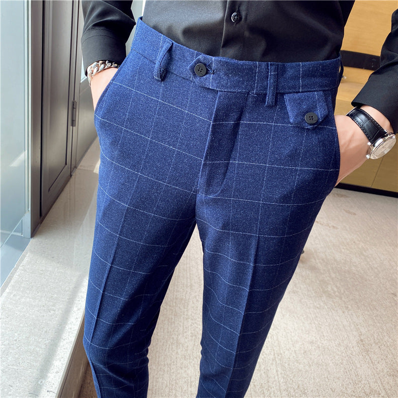 Korean Style British Classic Checkered Elegant Slim Fit Men's Best Man Pencil Pants Suit Pants