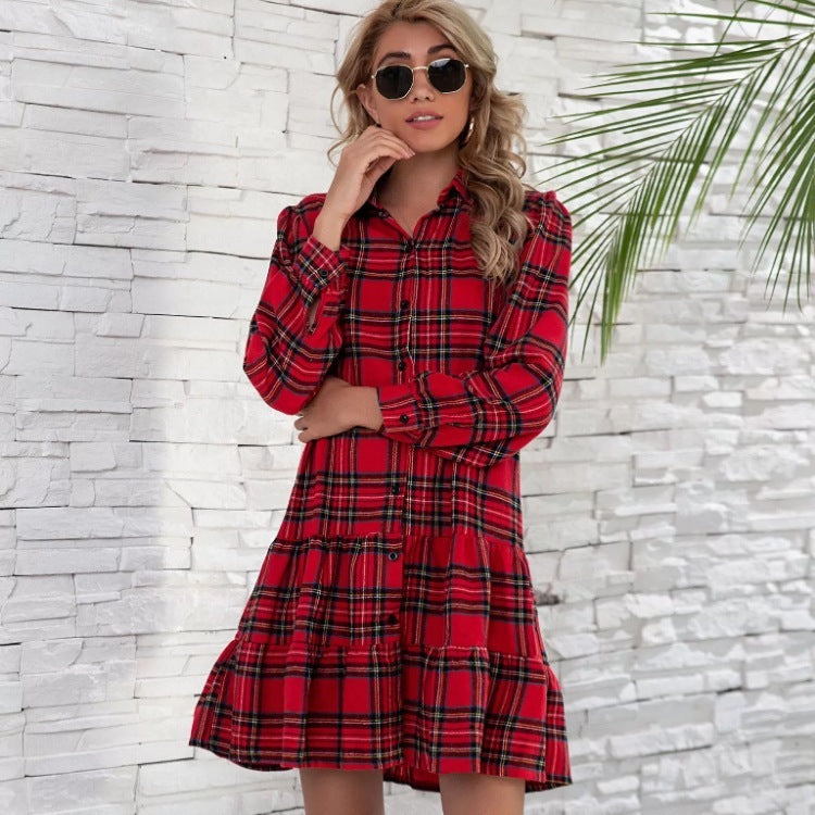 Plaid Shirt Long Sleeve Single Breasted Dress