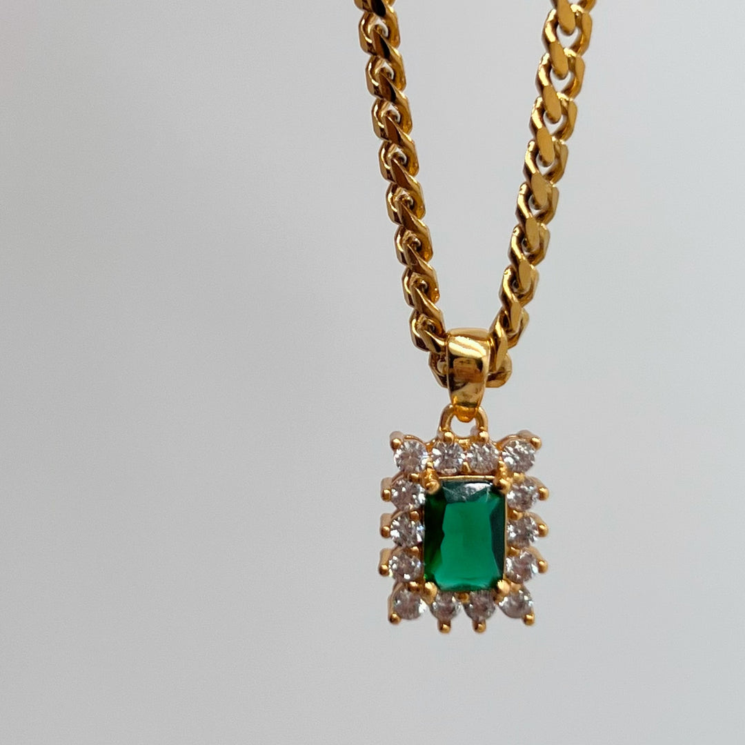 Square Zircon Emerald Navy Blue Titanium Steel Necklace
