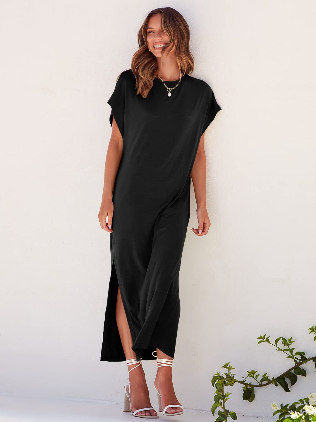 Short Sleeve Split Crew Neck Casual Loose Beach Dress