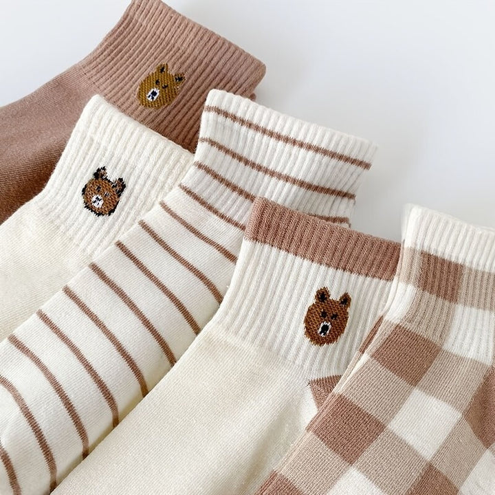 5 Pairs Cute Teddy Bear Ankle Socks - Comfy Short Crew Socks