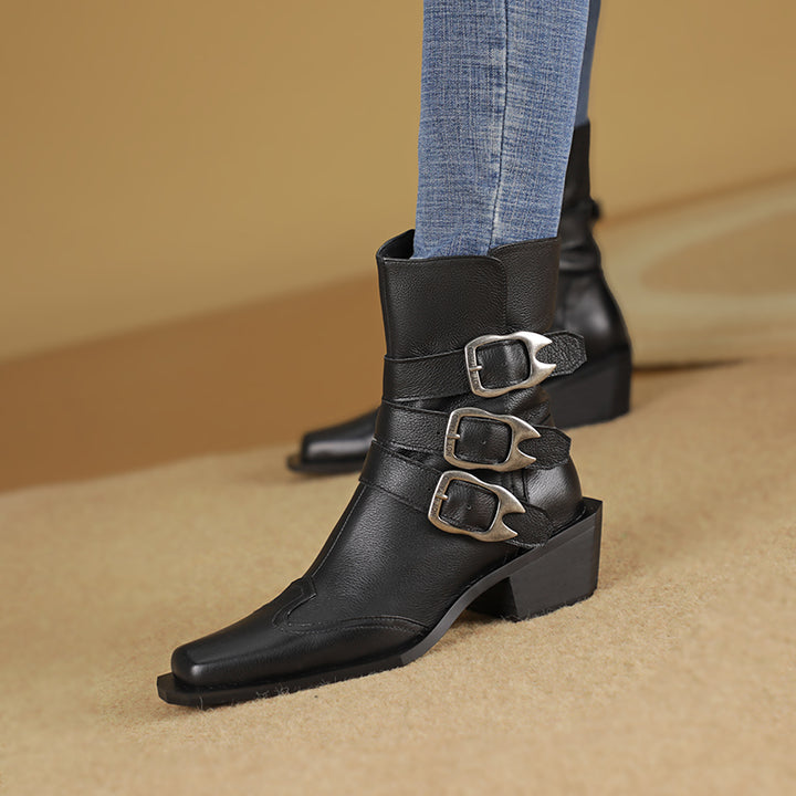 Genuine Leather Square Toe Chunky Heel Ankle Boots