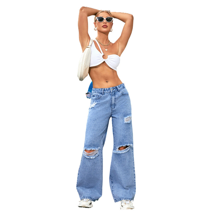 Women's High Waist Ripped Water Wash Denim Straight Pants