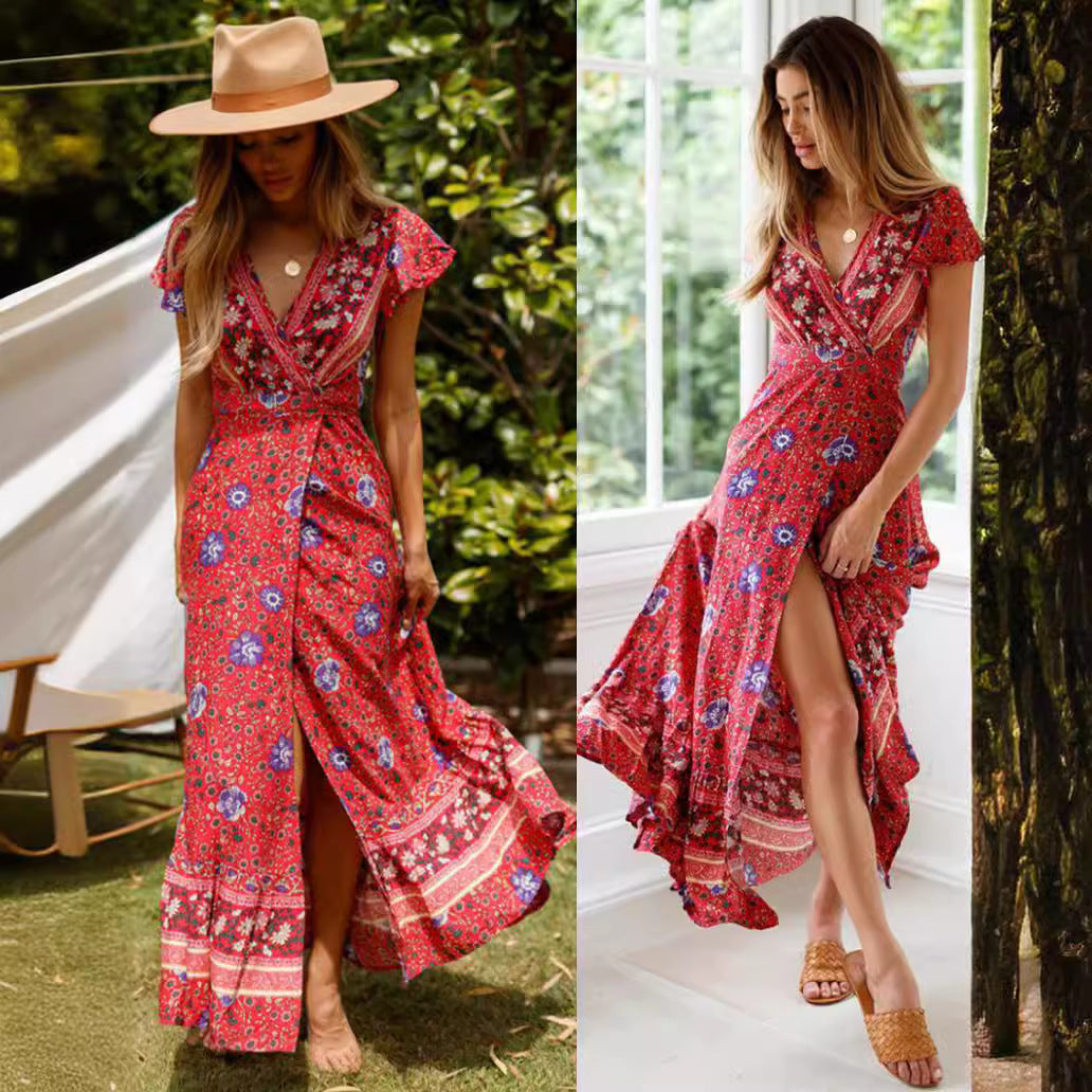 V-neck Split Bohemian Print Dress