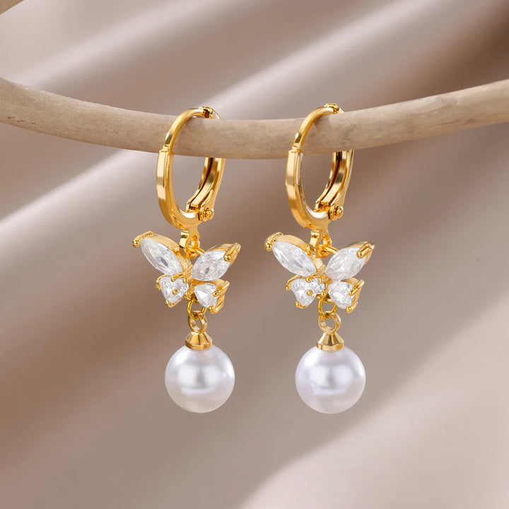 Butterfly Imitation Pearl Dangle Earrings - Trendy Stainless Steel Jewelry