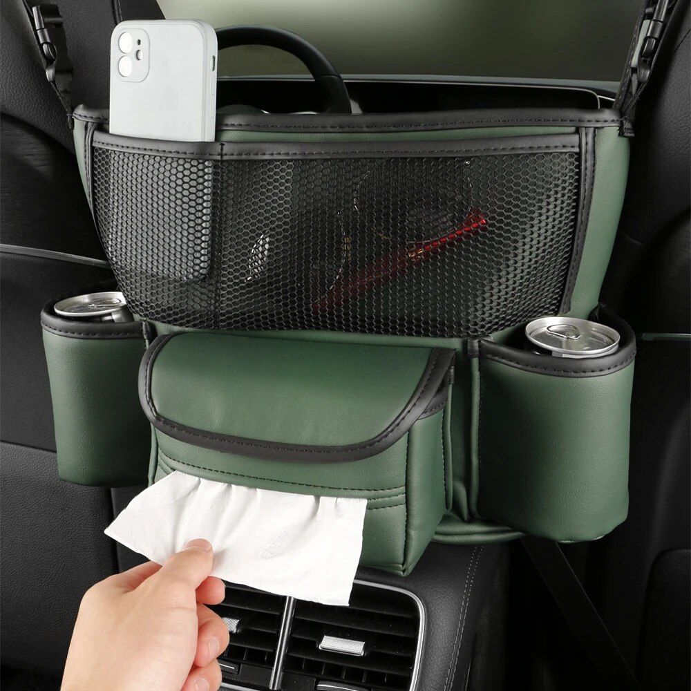 Luxury Leather Car Seat Organizer with Cup Holder & Tissue Pocket