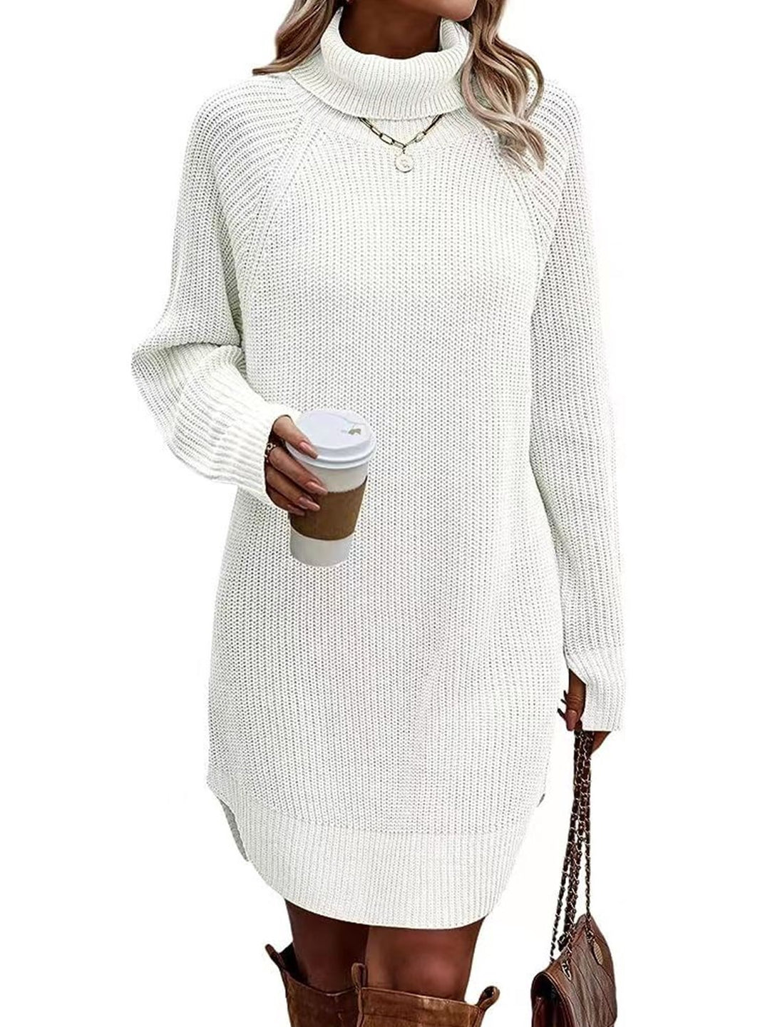 Fashion Slit Pullover High-neck Dress Lady