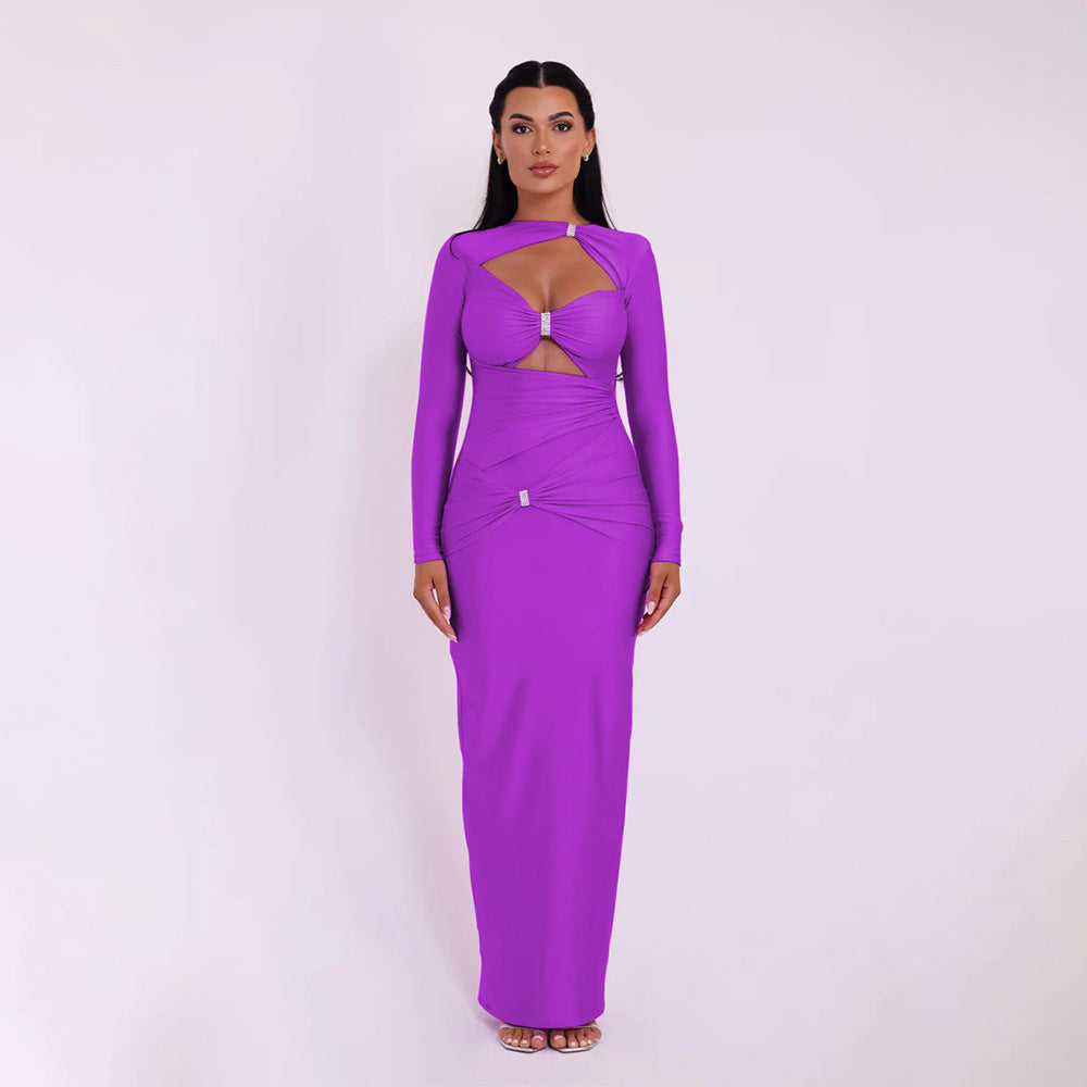 Slim-fit Hollow-out Solid Color Dress