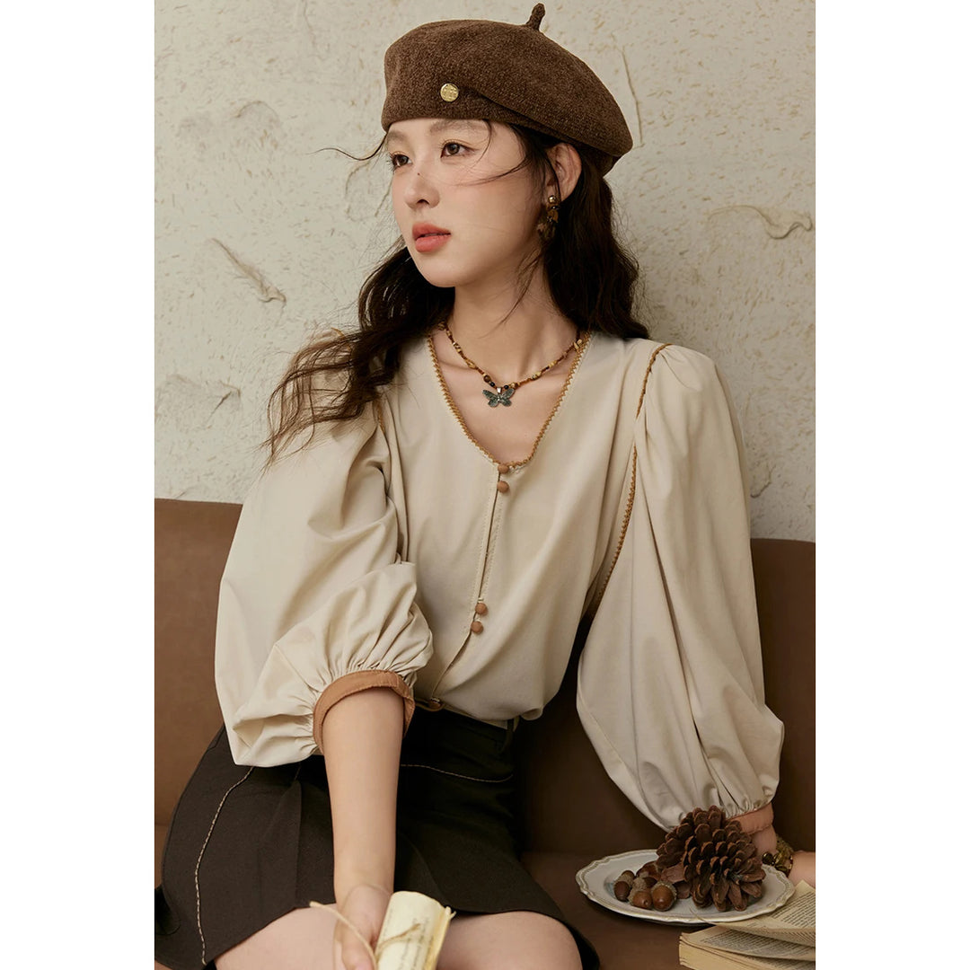 French Retro V-neck Lantern Sleeve Casual Shirt for Women