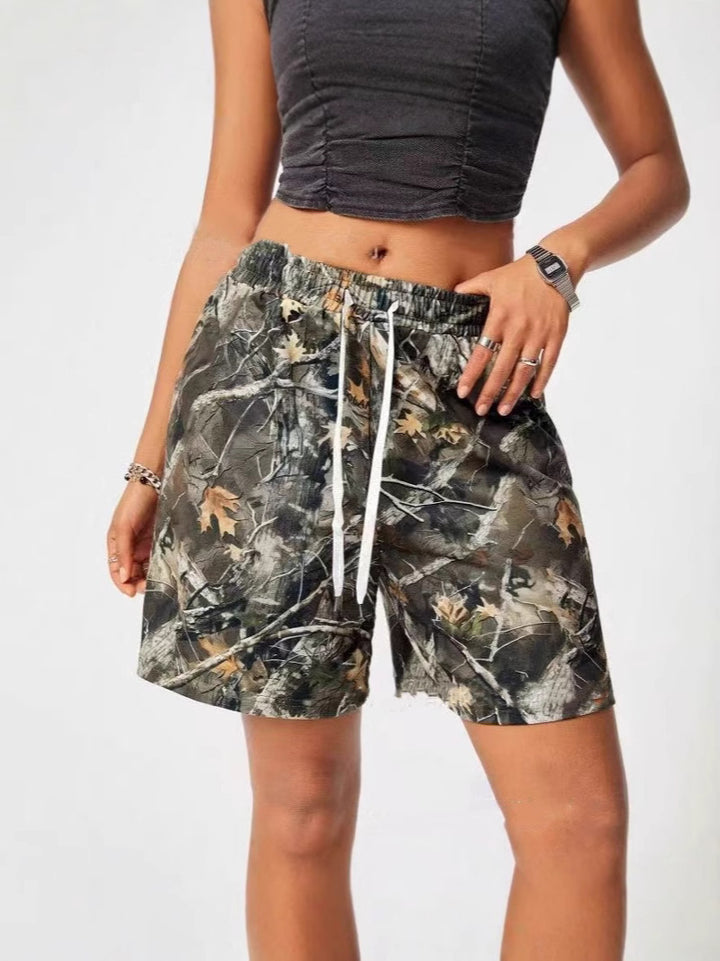 Women's Loose Casual Drawstring Branch Camouflage Printing Shorts