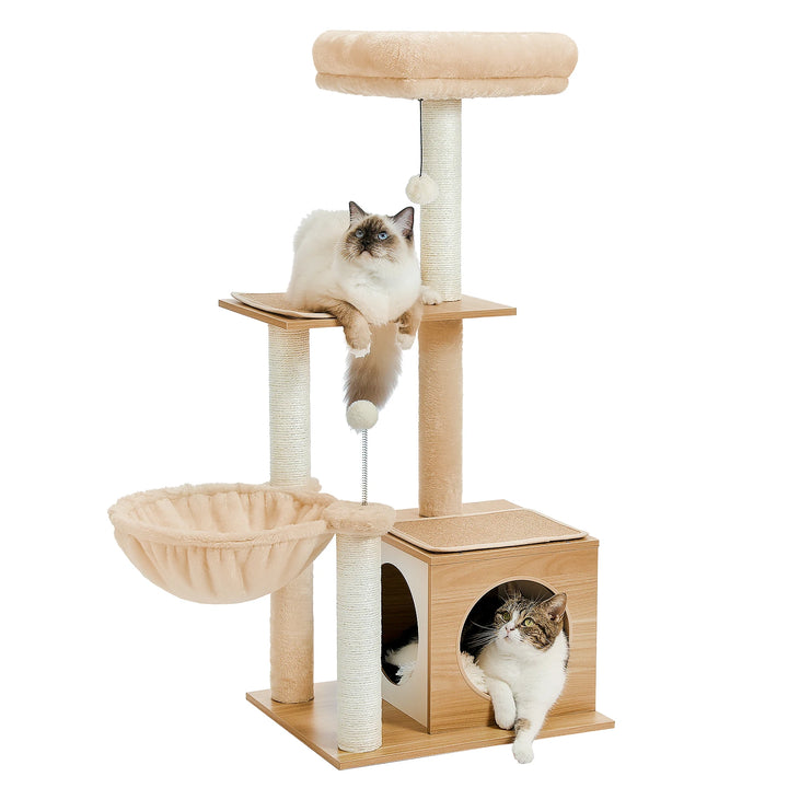 Modern Cat Tree Tower for Indoor Cats with Large Condo, Hammock & Cozy Top Perch