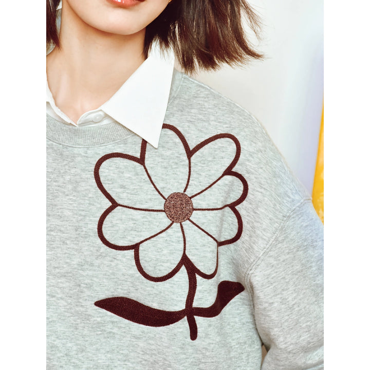 Women’s Floral Round Neck Pullover - Cozy Fleece Sweatshirt