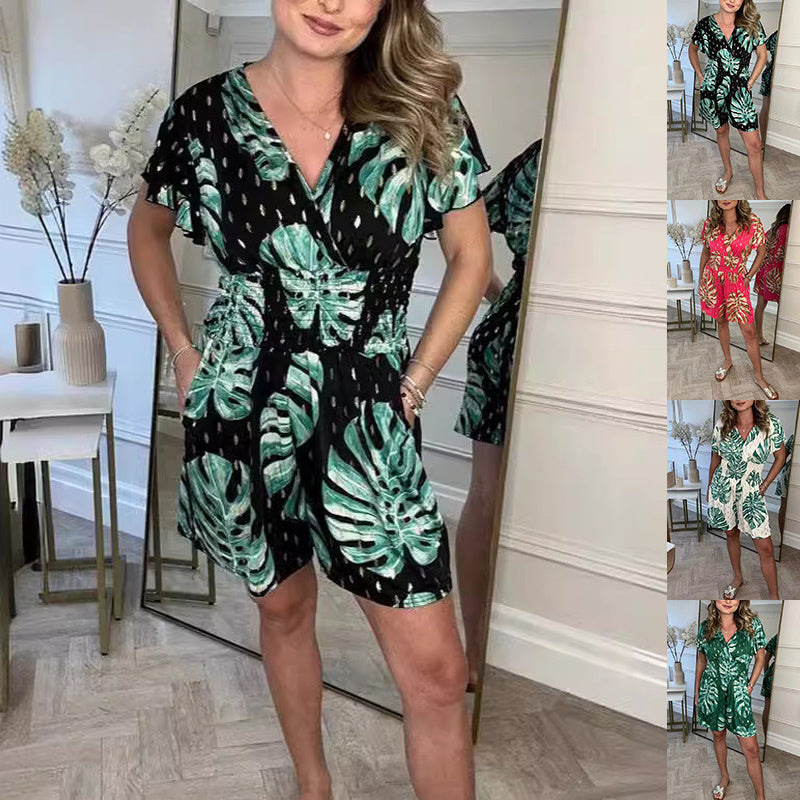 Leaf Print Shorts Jumpsuit Summer Beach Short-sleeved Bodysuit For Women Clothing