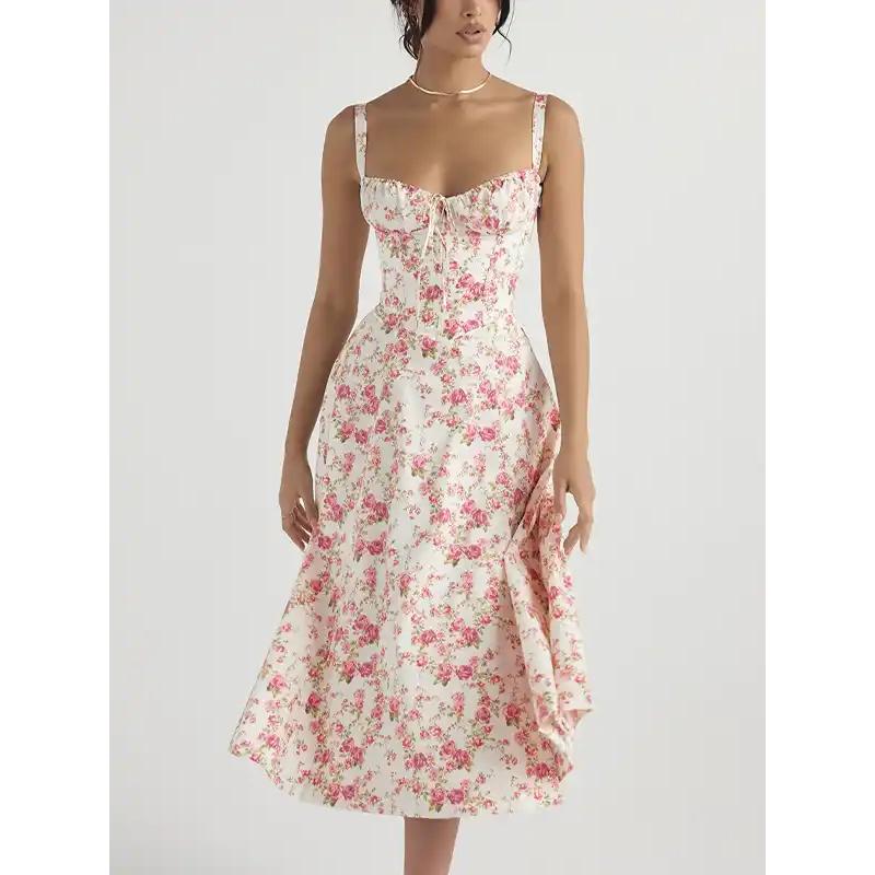 Floral Print Camisole Midi Dress with Lace-Up Detail