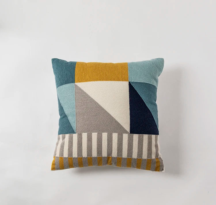 45x45in Geometric Embroidered Cotton Cushion Cover - Blue, Yellow, Grey Abstract Design