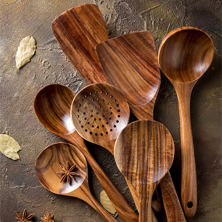 Eco-Friendly Teak Wood Cooking Utensils Set – 7 Piece Kitchen Tool Kit