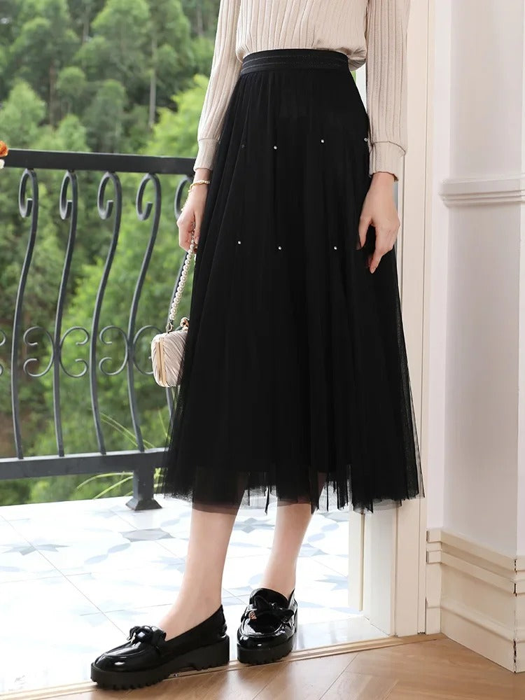 Elegant High-Waist A-Line Mesh Skirt