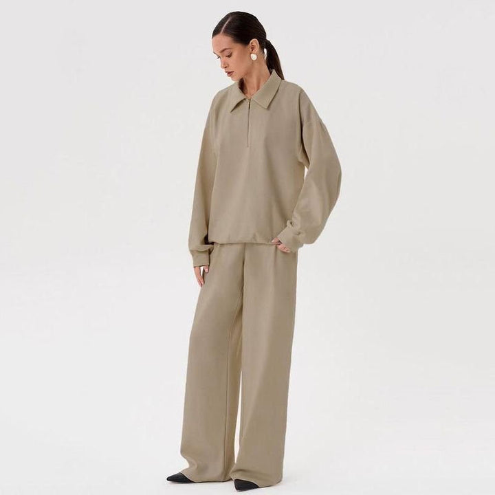 Elegant Two-Piece Set: Casual Long Sleeve Shirt & High-Waist Wide Leg Pants