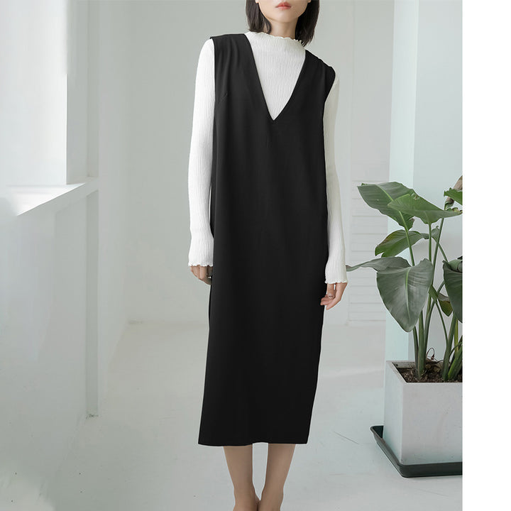 Autumn And Winter Sleeveless V-neck Overknee Long Dress Solid Color