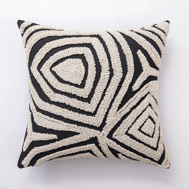 Black and White Geometric Embroidered Cushion Cover - 18x18in Modern Handmade Pillow Cover