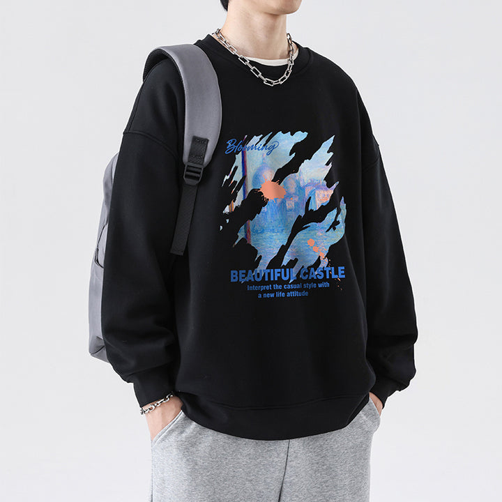 Landscape Graphic Print Oversized Cotton Sweatshirt for Men