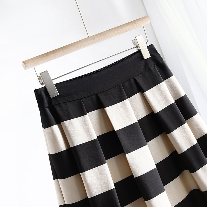 Elegant Striped Mid-Calf Pleated Skirt