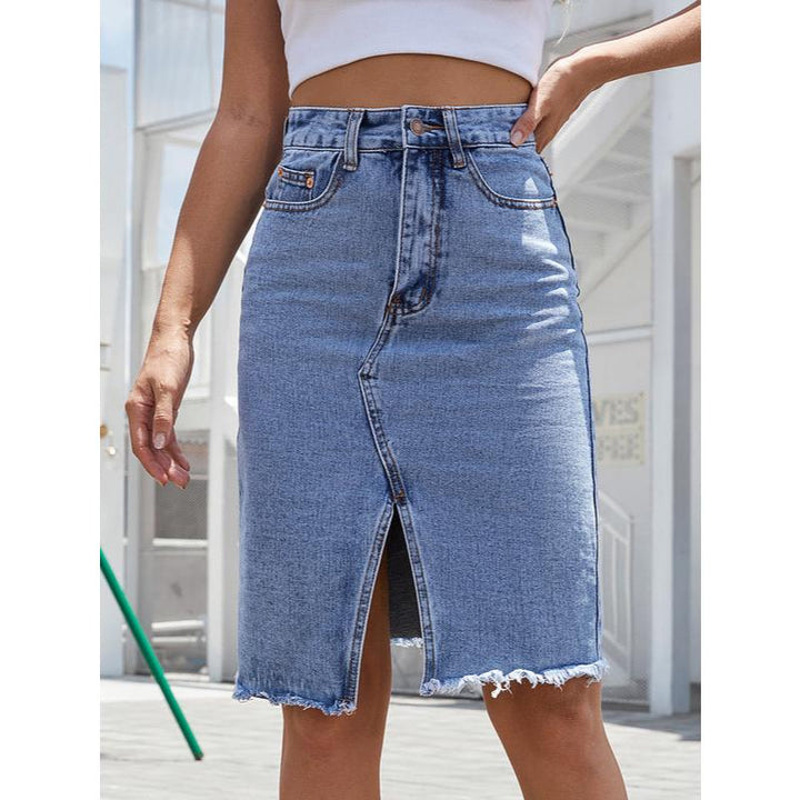 High Waist Split Denim Midi Skirt for Women