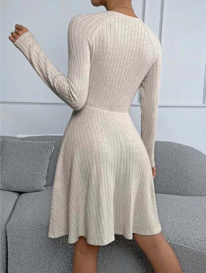 New Fall Women's Clothing Slim Fit Sunken Stripe Long Sleeve Fleece Dress