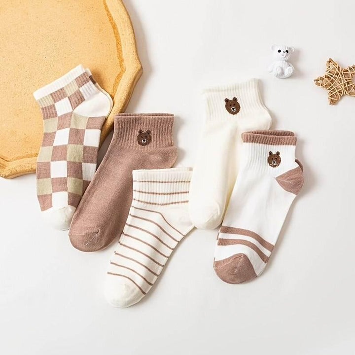 5 Pairs Cute Teddy Bear Ankle Socks - Comfy Short Crew Socks