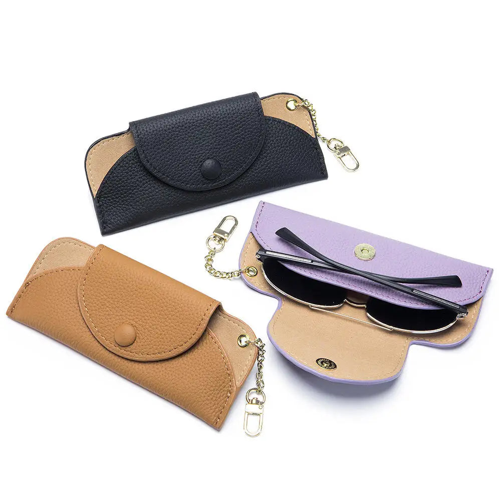 Women's Luxury Genuine Leather Sunglasses Case with Portable Chain