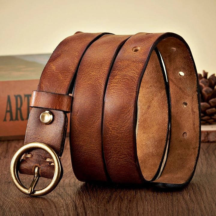 2.5CM Genuine Leather Women’s Belt with Luxury Copper Round Buckle - Simple Waist Strap in Candy Colors