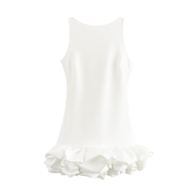 New Women's Fashion White Sleeveless Short Frill Dress