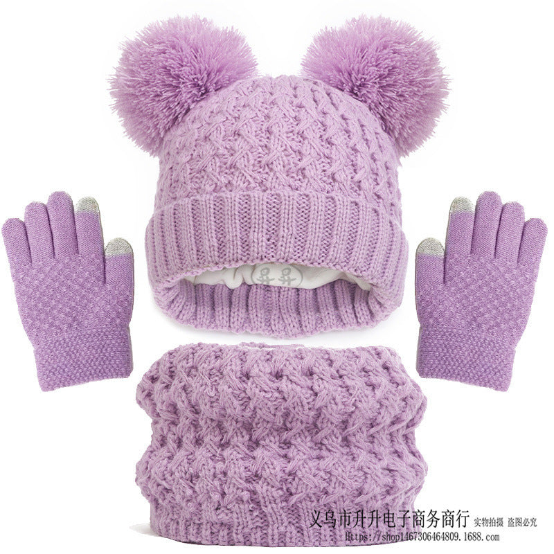 Children's Autumn And Winter Fleece-lined Thickened Double Ball Hat Scarf Gloves Three-piece Set