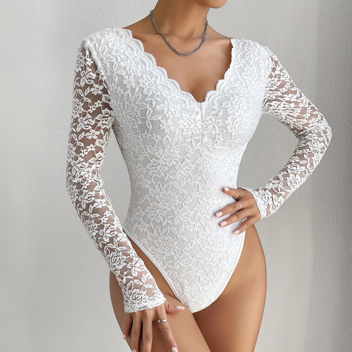Solid Lace Long Sleeved Slim Fitting Jumpsuit