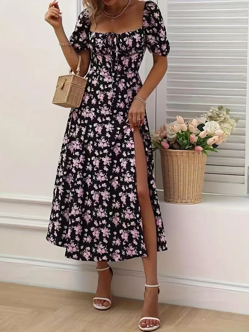 Floral Print Short Sleeve Split Dress Summer Fashion Lace-up Beach Long Dresses Women's Clothing