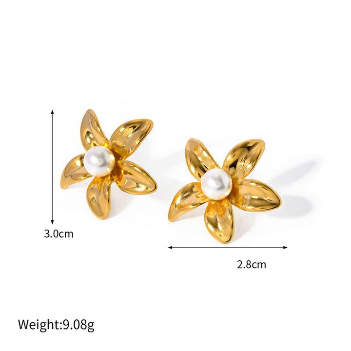 18K Gold Flower Shaped Stainless Steel Earrings with Pearl Inlay