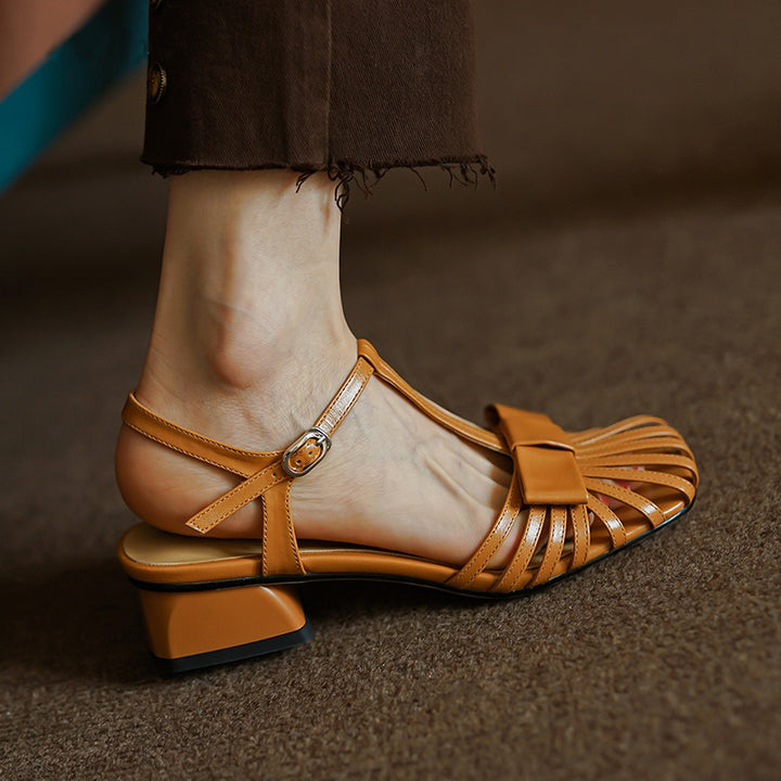 Leather Gladiator Square Heels Sandals