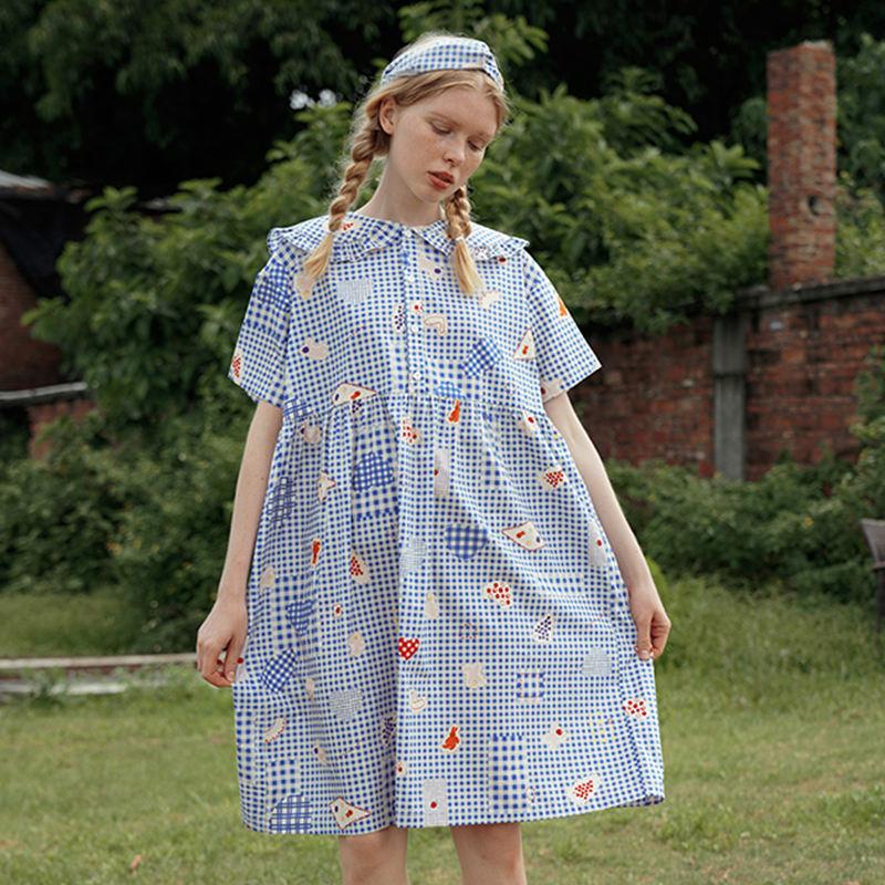 Women's Summer Chiffon Dress with Cartoon Print and Peter Pan Collar