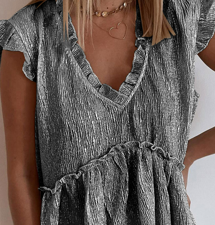 Personalized Metal Pleated Ruffled Short Sleeves Loose Top For Women