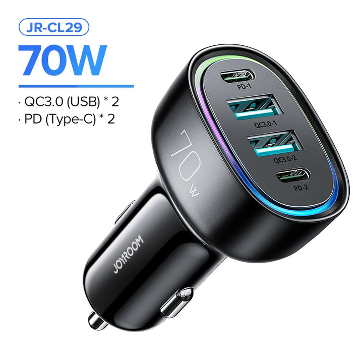 70W 4-in-1 Fast Car Charger Adapter – PD3.0 & QC3.0 for iPhone & More