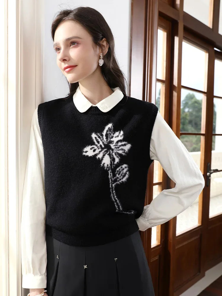 Elegant Black Loose Sweater Vest for Women - Autumn/Winter Office Chic