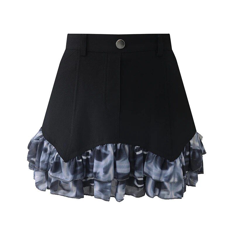Retro Y2K Aesthetic Flare Sleeve Crop Top and High-Waist Ruffle Cake Skirt Set