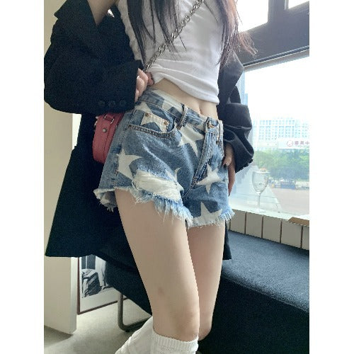 Women's Summer Star Vintage Print Raw Edge Denim Shorts