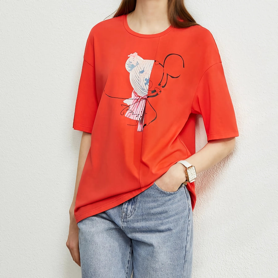 Minimalist Stretch Printed Drop Sleeve Mid-Length T-Shirts for Women