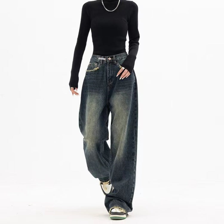 Fashion Trend Alphabet Jeans Children Straight Loose Wide Leg Pants