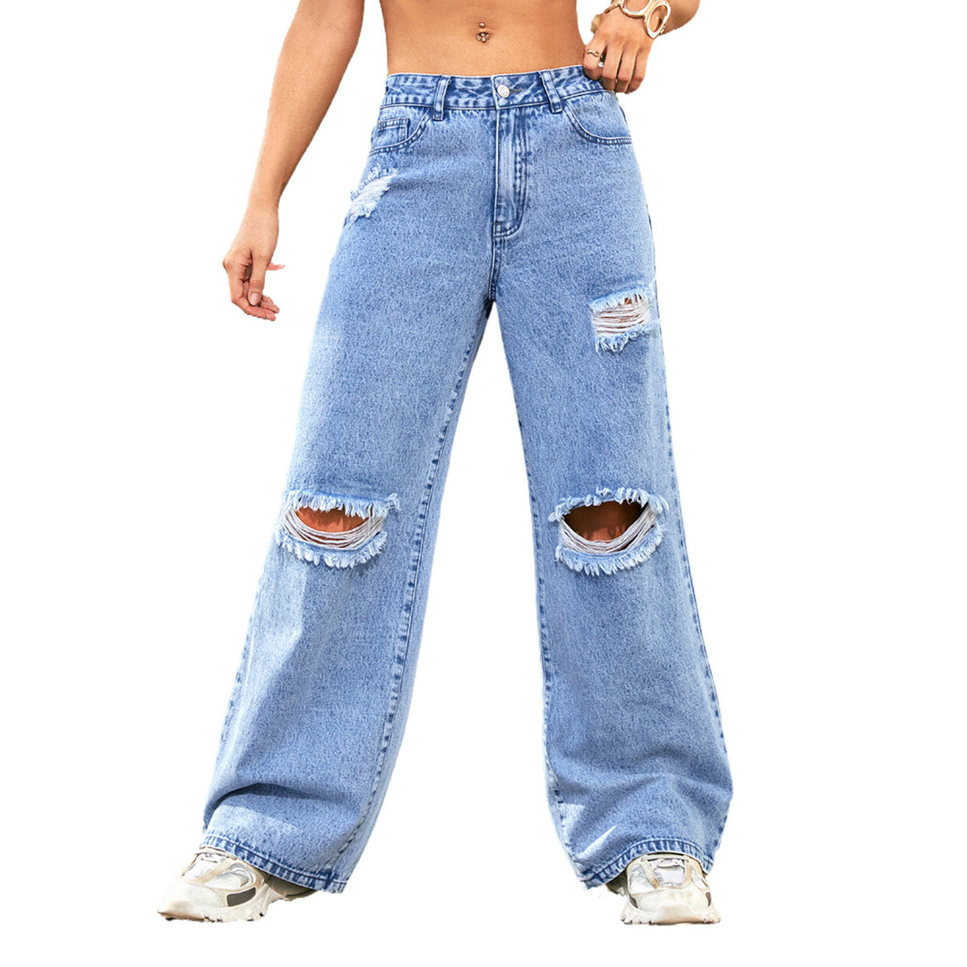 Women's High Waist Ripped Water Wash Denim Straight Pants