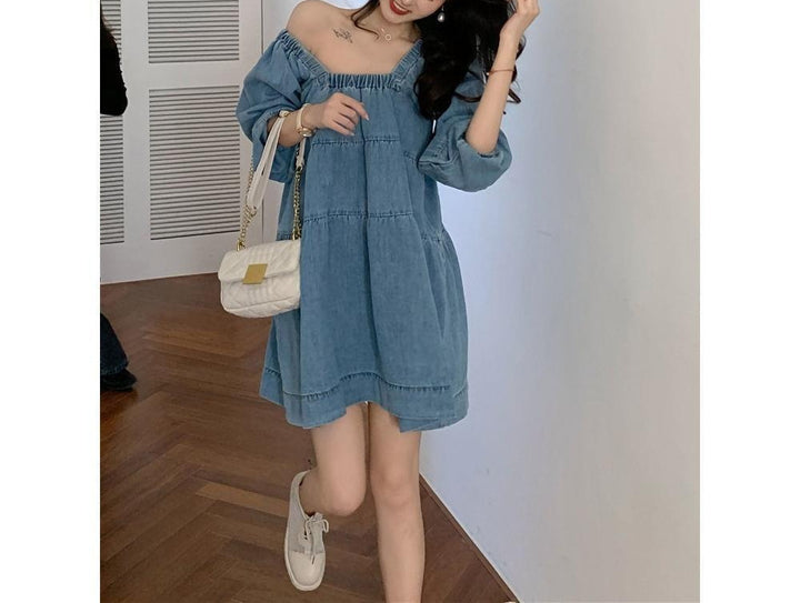 Square-cut Collar And Blue Dress French Girl Loose Skirt Female