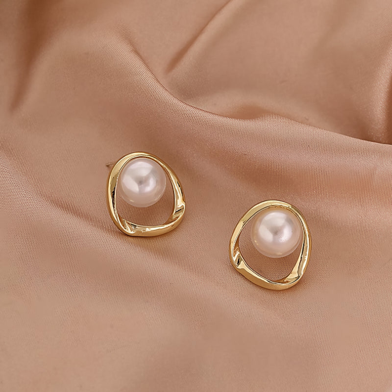 Gold Color Simulated Pearl Stud Earrings